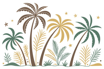 Three palm trees with brown, golden, and green leaves stand near tropical foliage
