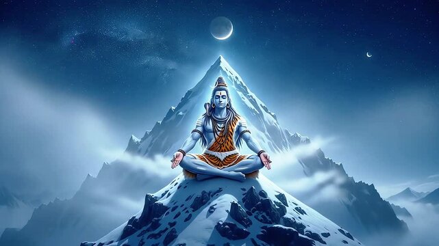 Cosmic Lord Shiva Meditating on Majestic Snowy Mountain Peak Under Starry Night Sky.