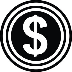 Bold black and white graphic of a dollar sign centered within concentric circles representing currency