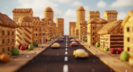 Obraz premium A whimsical cityscape of breadbuildings flanks an asphalt road dotted with miniature cars