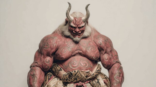 渦巻き模様が浮かぶ巨体の赤鬼が正面を睨むバストショット