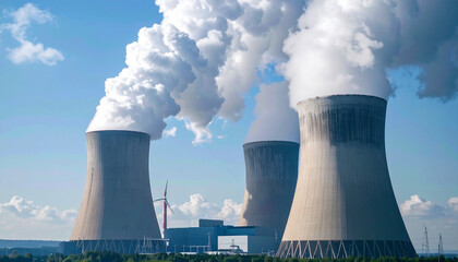 Cooling towers of a nuclear power plant releasing steam into the atmosphere on a sunny day.