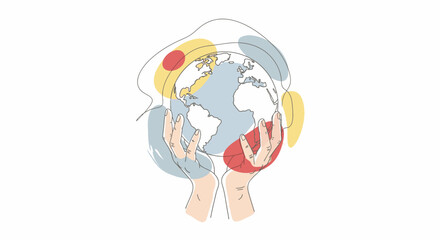 Minimalist line art of hands holding planet Earth, symbolizing global unity and environmental protection.