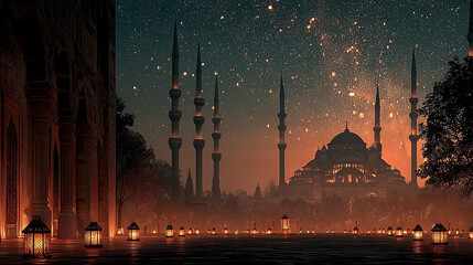 Fototapeta premium Stunning Mosque Silhouette with Lanterns and Starry Sky