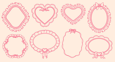 Coquette frames with cloth ruffles set. Whimsical wedding decor lace borders heart, oval, diamond shapes. Hand drawn romantic victorian vector decorative elements