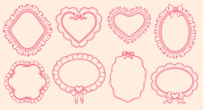 Coquette frames with cloth ruffles set. Whimsical wedding decor lace borders heart, oval, diamond shapes. Hand drawn romantic victorian vector decorative elements