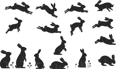 PrintSilhouette rabbits jumping, sitting, running, black vector illustration, wildlife animal design, nature art, graphic icon, white background, motion pose