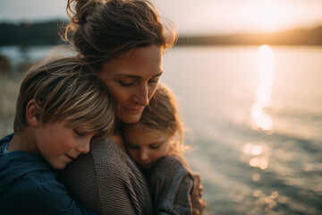 Fototapeta premium Tender moment of a mother embracing her two children lovingly by the serene lakeside at sunset