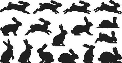 PrintSilhouette rabbits in various poses, hopping, sitting, jumping, running, black vector animals for Easter, wildlife, nature, children illustration, design