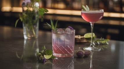 Two elegant cocktails garnished with herbs and flowers sit on a dark bar top.  The image evokes a sophisticated atmosphere, perfect for menus or beverage promotions.