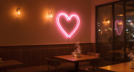 Romantic cafe interior with a glowing pink neon heart sign on the wall creating a warm and inviting ambiance for a date night.
