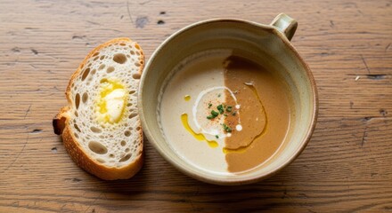 Creamy dual-toned mushroom soup served in a rustic bowl with a side of crusty bread and melted butter. Perfect for a cozy autumn meal.  Gourmet food photography.