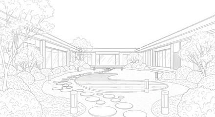 Obraz premium Architectural Drawing of Landscaped Courtyard with Trees and Stepping Stones