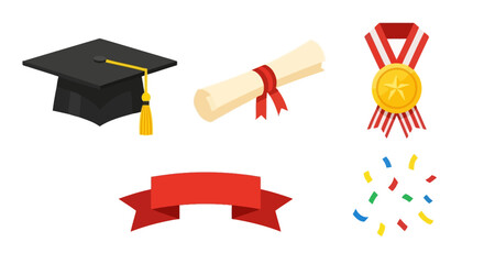Graduation symbols and elements for celebrations cap, diploma, medal, ribbon, confetti