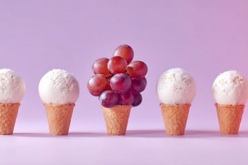 Ice cream cones and grapes on a purple background offer a refreshing summer treat and a healthy alternative