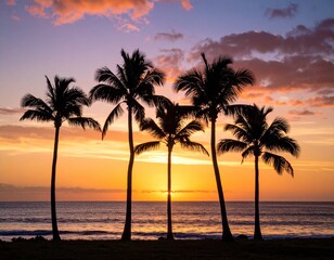 Obraz premium Silhouettes of tropical palm trees against a vibrant and colorful sunset over a tranquil ocean on a serene beach