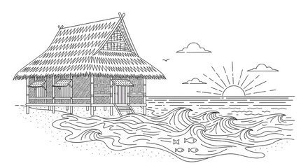 Coastal Thatched Hut on Stilts with Ocean Waves Outline Drawing