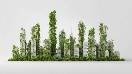 A futuristic city skyline overgrown with vibrant green plants, symbolizing urban nature and sustainability.