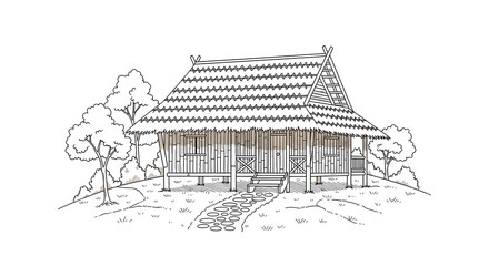 Sketch of Thatched Hut on Hillside, Bamboo House Black and White Drawing