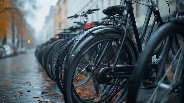 A row of bicycles parked on a wet city street, their wheels and frames gleaming amidst fallen leaves in autumn, depicts urban transport in an eco-friendly environment.
