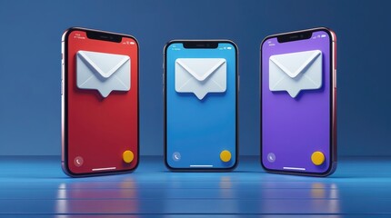 Three smartphones (red, blue, purple) with new message icons on a blue background with horizontal stripes.