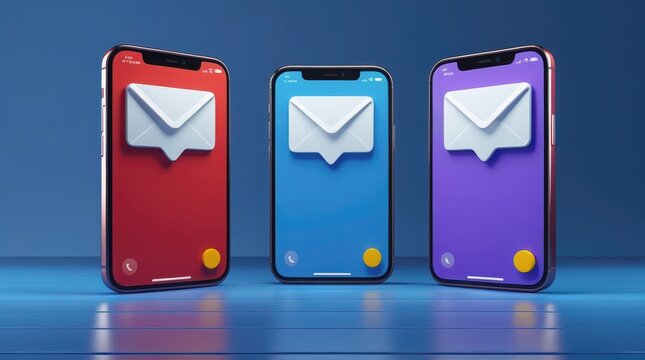 Three smartphones (red, blue, purple) with new message icons on a blue background with horizontal stripes. - Powered by Adobe