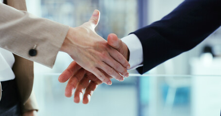 Office, promotion and business people shaking hands in agreement for greeting and partnership....