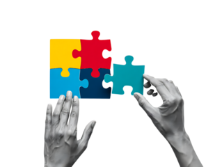 Hands assembling colorful puzzle pieces isolated on a transparent background teamwork connection