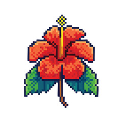 Obraz premium Pixelated illustration of a vibrant red hibiscus flower with detailed petals and green leaves.