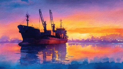 Fototapeta premium A vibrant watercolor painting of a cargo ship silhouetted against a stunning sunset, reflecting colors in the calm water.