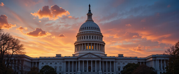 Fototapeta premium Sunset over the u.S. Capitol building washington d.C. Landscape photography evening sky wide angle government architecture