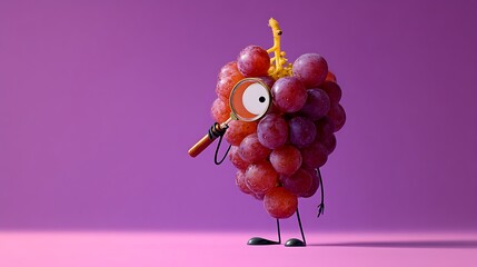 Bunch of grapes character holding a magnifying glass in a conceptual and playful still life against a purple background