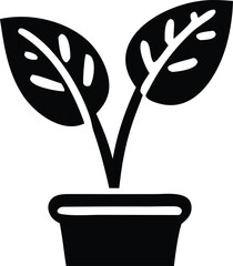 Simple black and white icon of a young plant sprouting two leaves in a pot