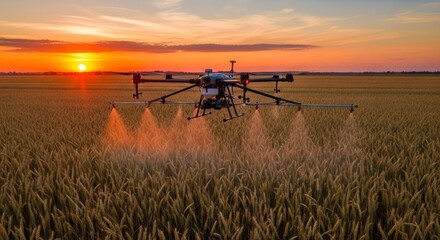 Drone spraying crops at sunset.  Agricultural technology, precision farming, using UAV for pesticide or fertilizer application. Modern farming techniques, rural landscape.