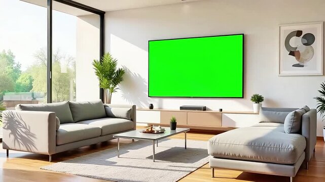 Modern living room with green screen TV and large window overlooking lush garden, ready for customization.