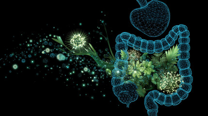 X-ray illustration of a digestive tract with geometric particles transforming into bio-luminescent flora.