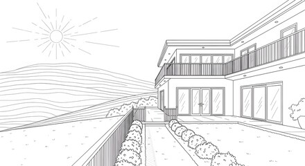 Fototapeta premium Modern House Sketch with Balcony and Rolling Hills Landscape