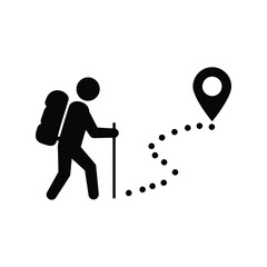Hiker with backpack and walking stick following dotted path to location pin