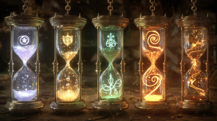 Five glowing hourglasses in a circle, each filled with unique vitality symbols.