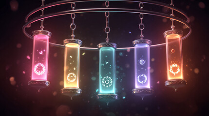 Five glowing hourglasses in a circle, each filled with unique vitality symbols.