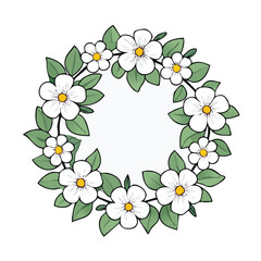 Circular floral wreath illustration featuring white flowers and green leaves, perfect for design.