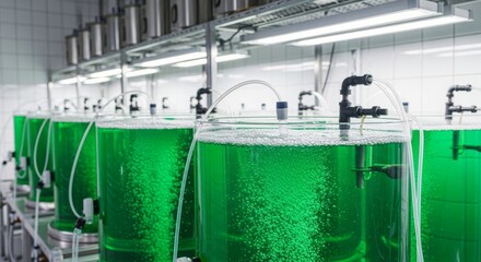 Close-up view of several cylindrical glass tanks filled with vibrant green liquid, likely algae, in a modern laboratory setting. The tanks are equipped with tubing and apparatuses suggesting a