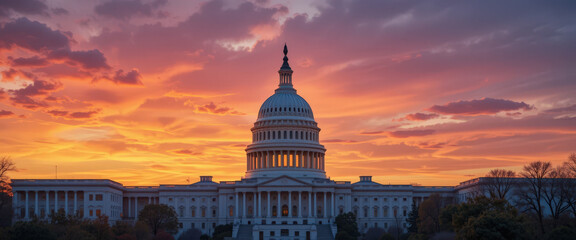 Fototapeta premium Majestic sunset over the capitol building washington d.C. Landscape photography urban environment wide angle government concept