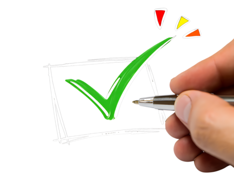 Hand holding pen marking green checkmark in box with colorful sparks isolated on a transparent background