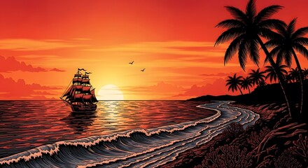 Vintage Red Sailboat Sailing on Ocean at Vivid Orange Sunset