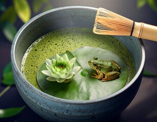 Frog and Water Lily in Matcha Bowl