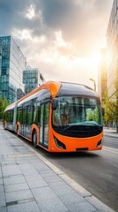 A modern orange bus parked on a city street, surrounded by glass buildings, under a cloudy sky, showcasing urban transportation.