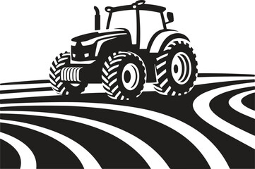 Black silhouette design of a farm tractor in field icon isolated on white background. vector illustration