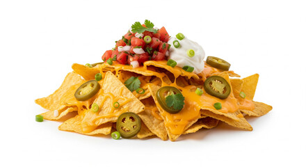 Delicious Nachos with Melted Cheese, Salsa, Sour Cream, and Jalapenos, Isolated transparent background