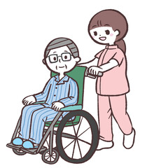 	スタッフと車イスのシニア男性のイラスト